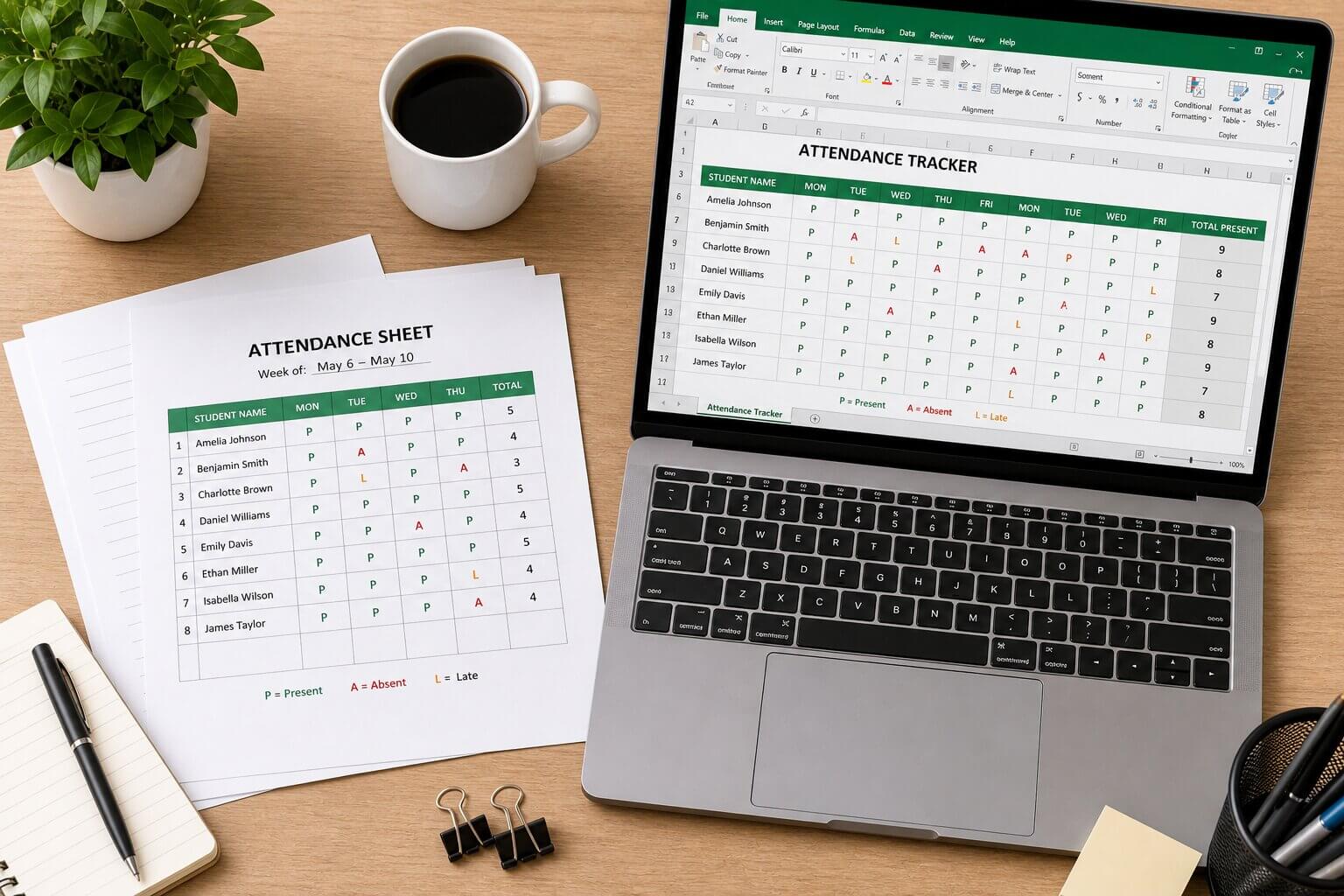 A flat-lay of printed attendance sheets alongside an open laptop showing an Excel attendance tracker