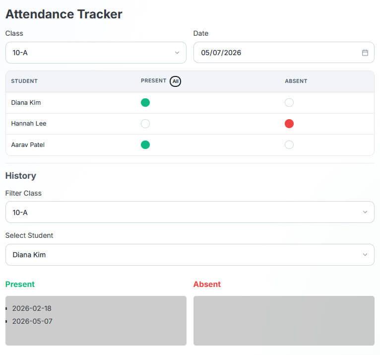 ClassAttendee attendance tab showing student list with green and red present and absent radio buttons and Mark All option