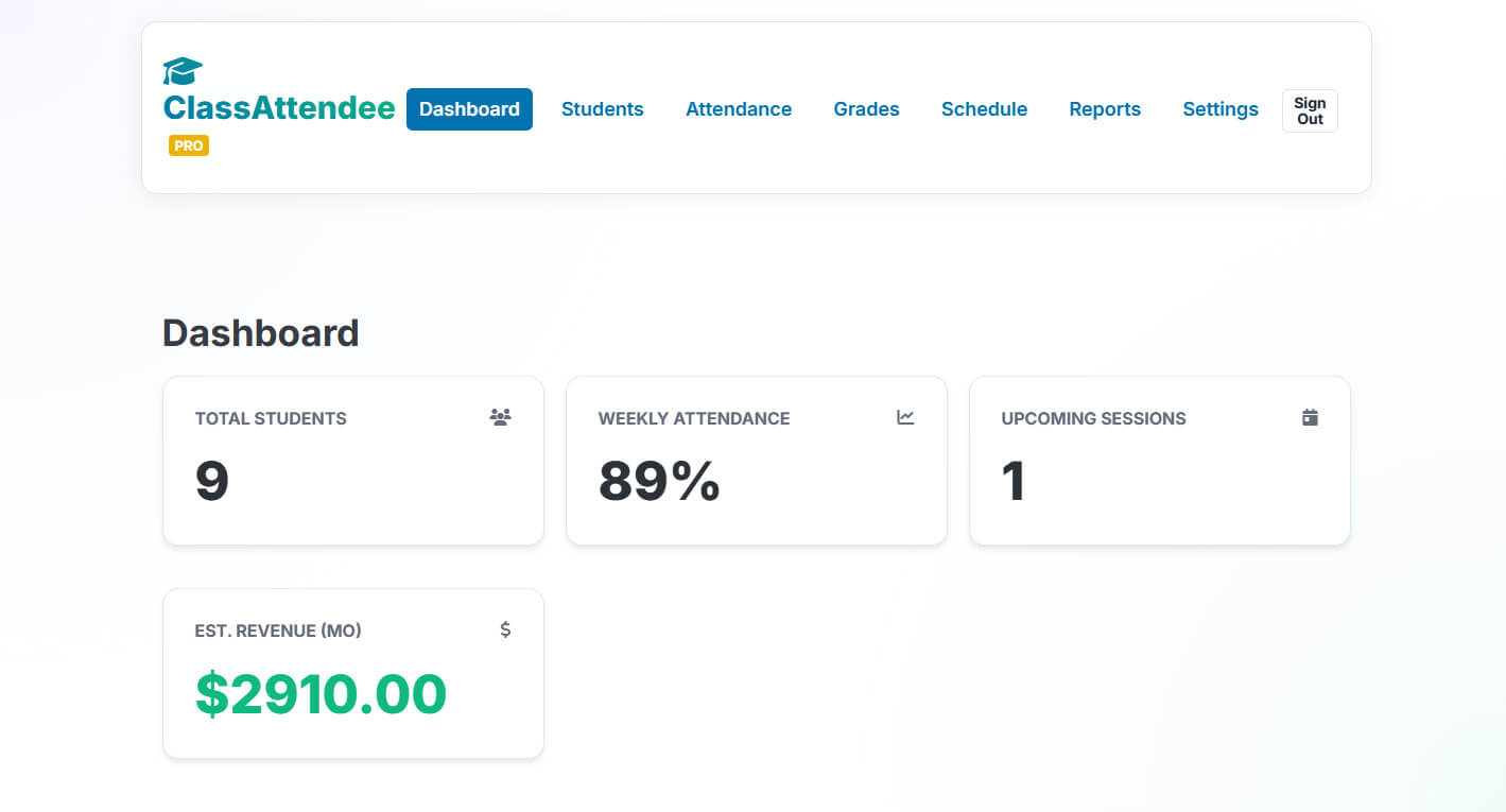 ClassAttendee dashboard showing quick stats: total students, weekly attendance percentage, upcoming sessions and monthly revenue