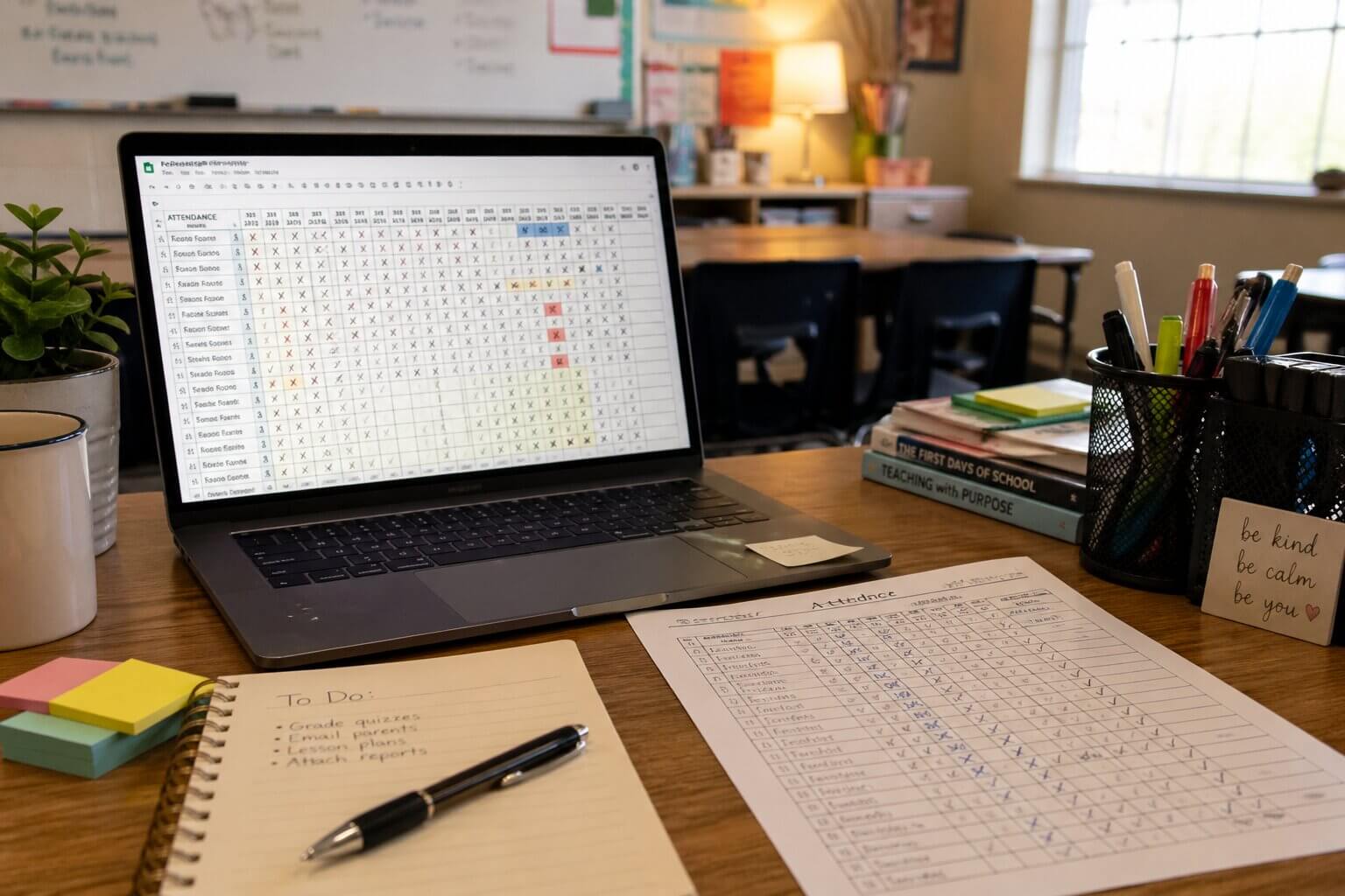 A teacher's desk with a laptop open to a messy attendance spreadsheet alongside paper sheets