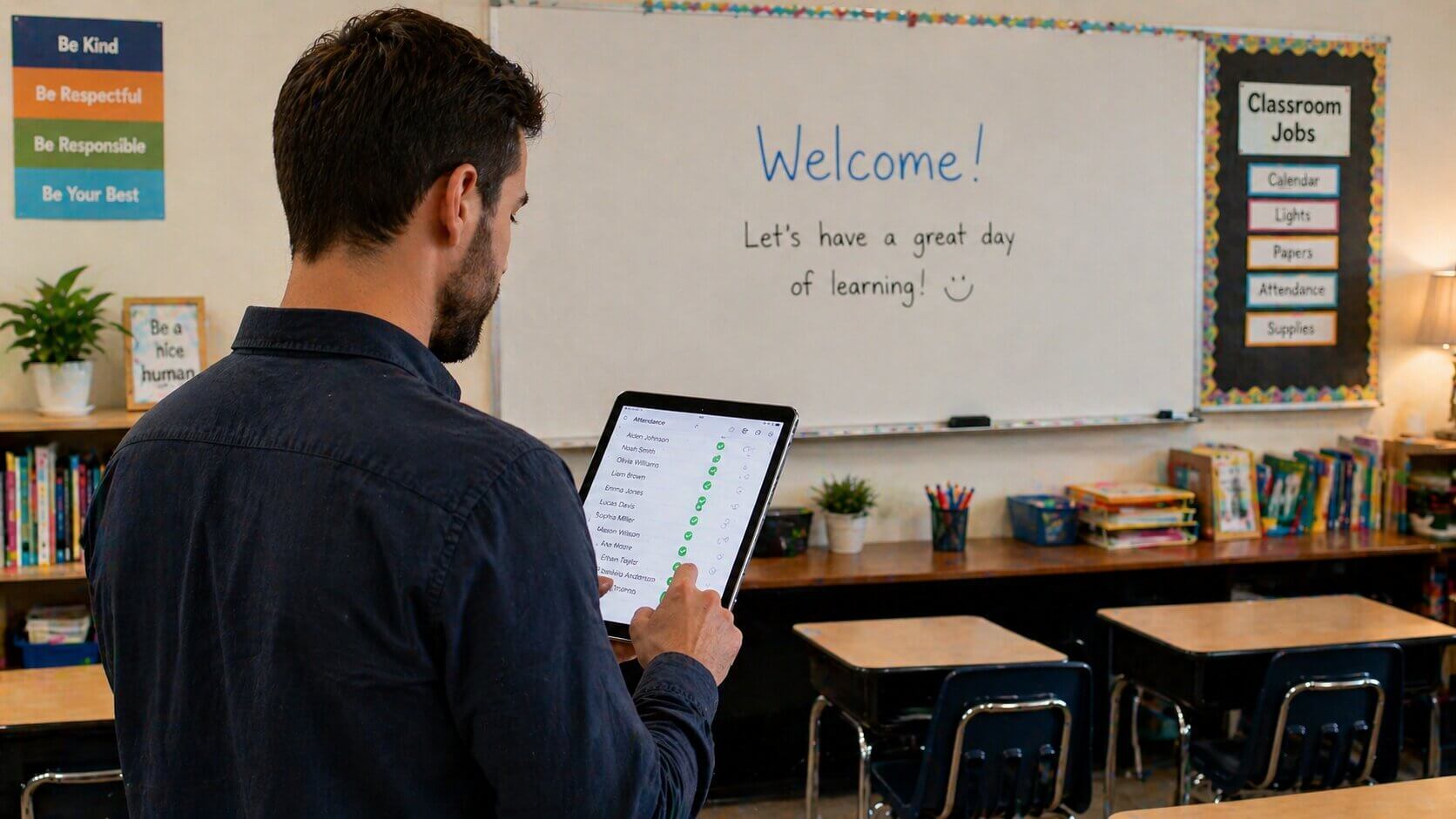 A tutor using a tablet to mark student attendance in a modern, organized classroom setting