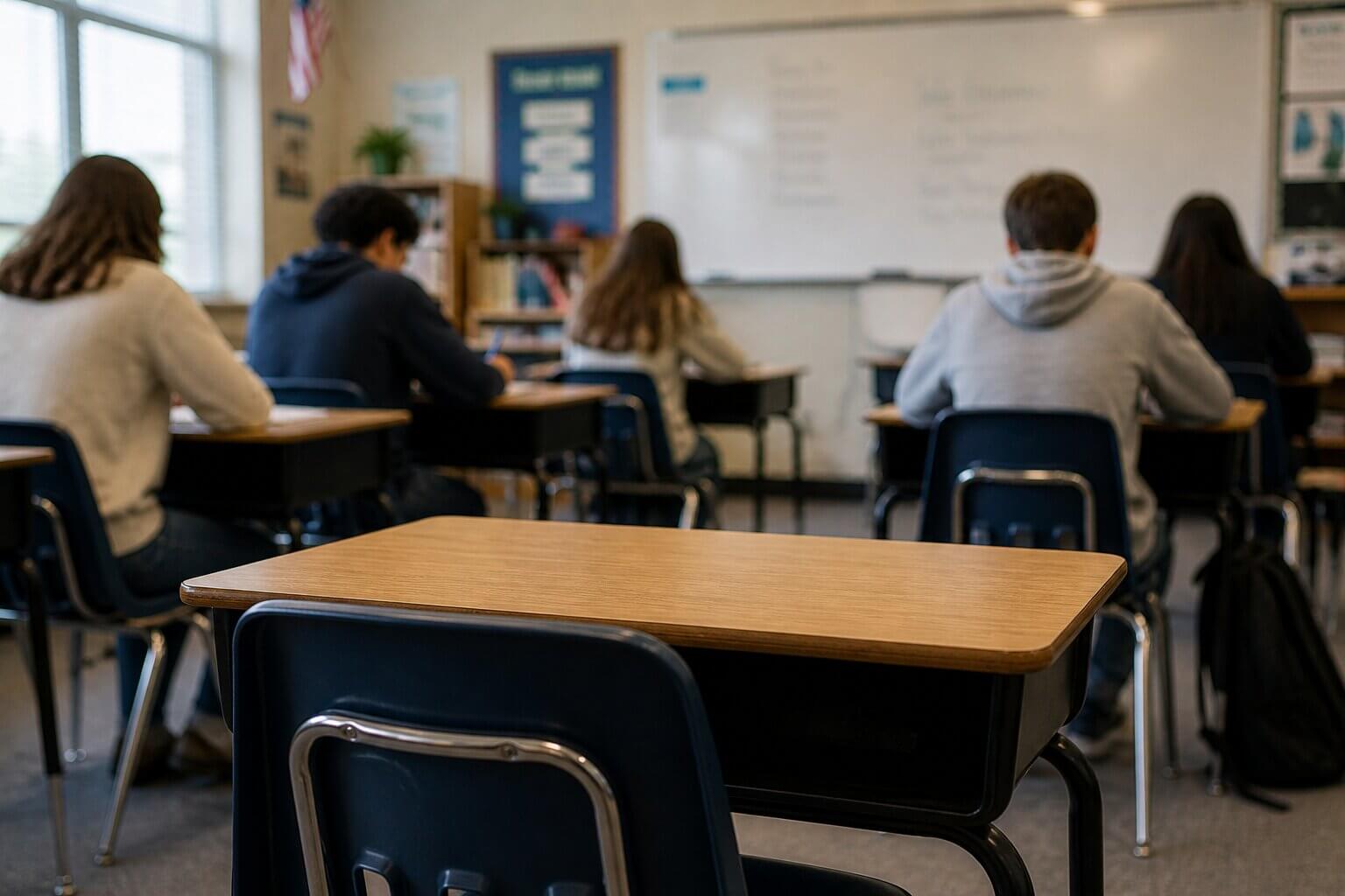 An empty seat at a student desk in a classroom with other students attending in the background