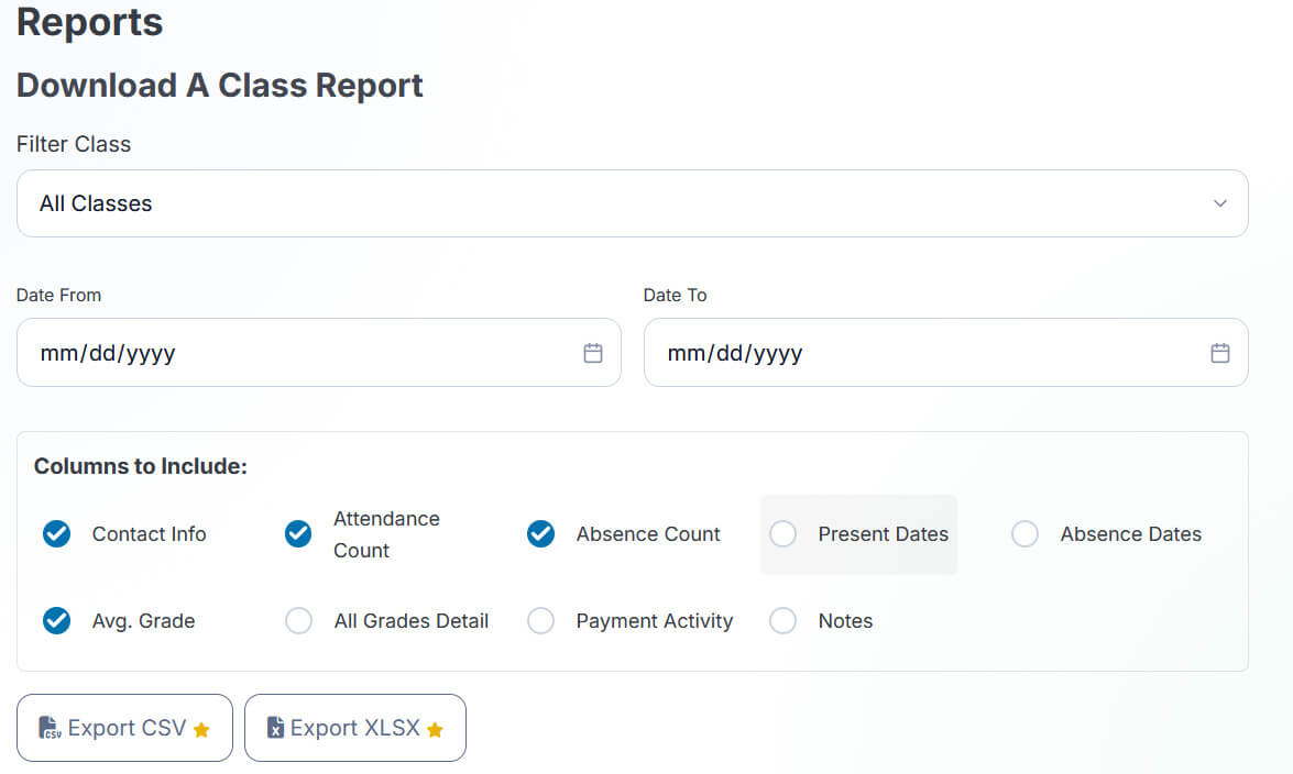ClassAttendee Reports tab showing export options including PDF, Excel and CSV with a date range filter