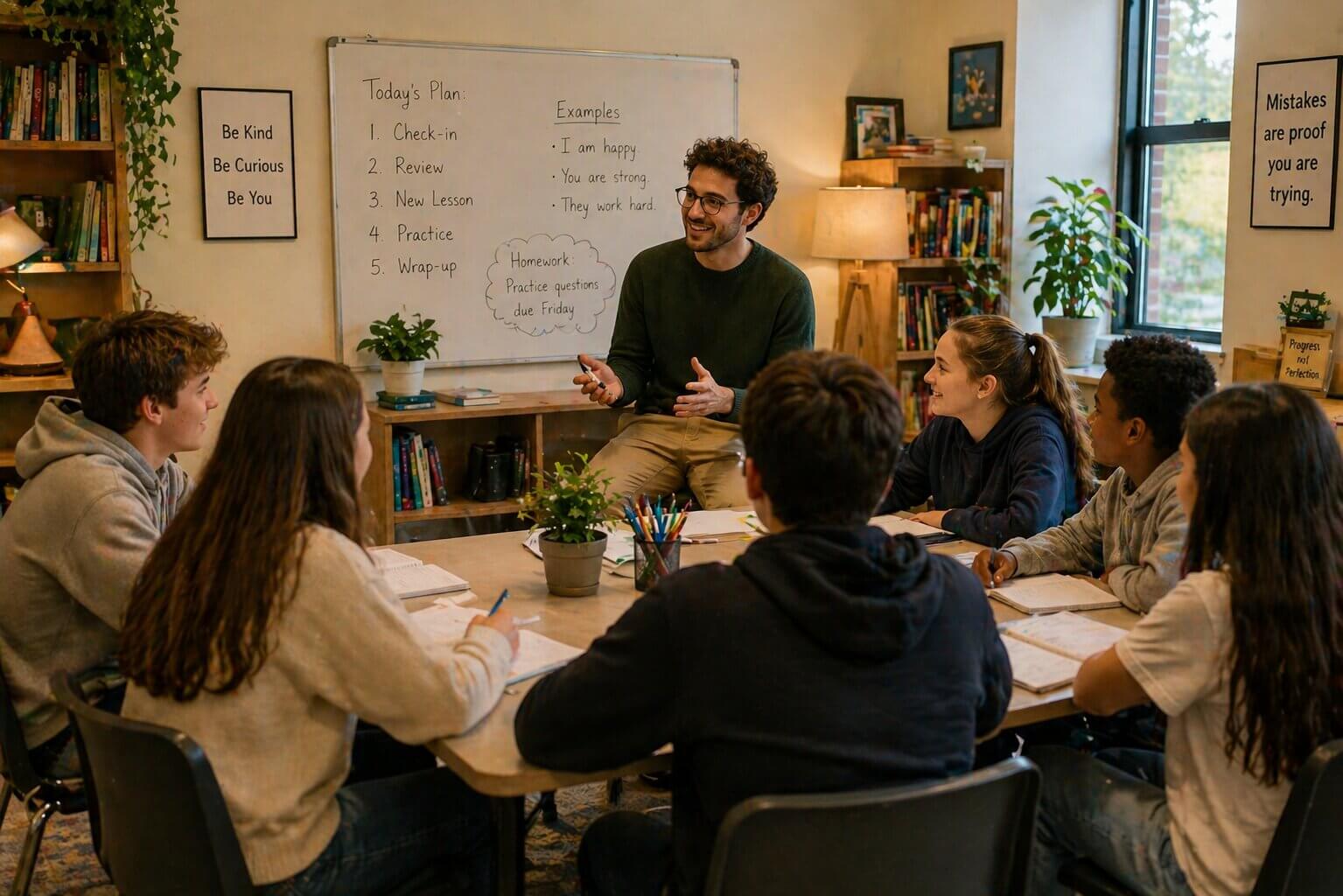 A small, intimate class of six students with a tutor at the front in a relaxed learning environment