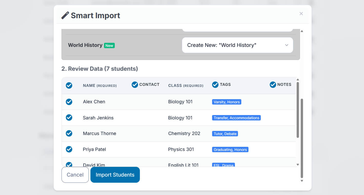 ClassAttendee Smart Import screen showing Excel file upload with automatic column detection