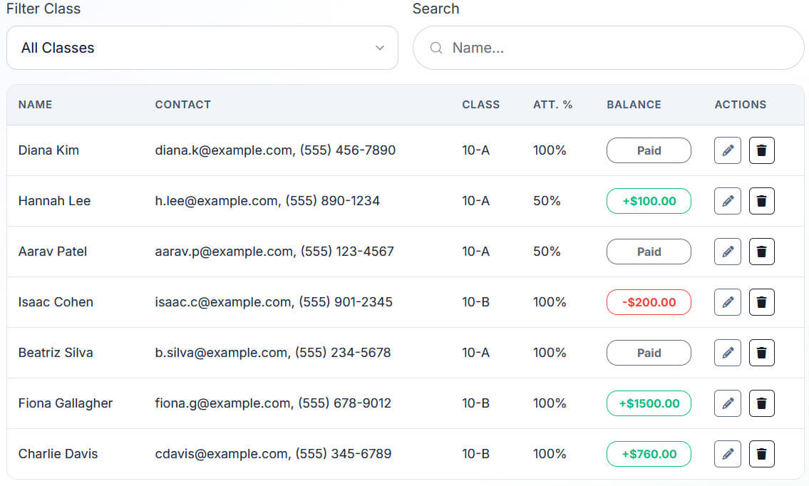 ClassAttendee Students tab showing student list with class tags, attendance rates, and balance column
